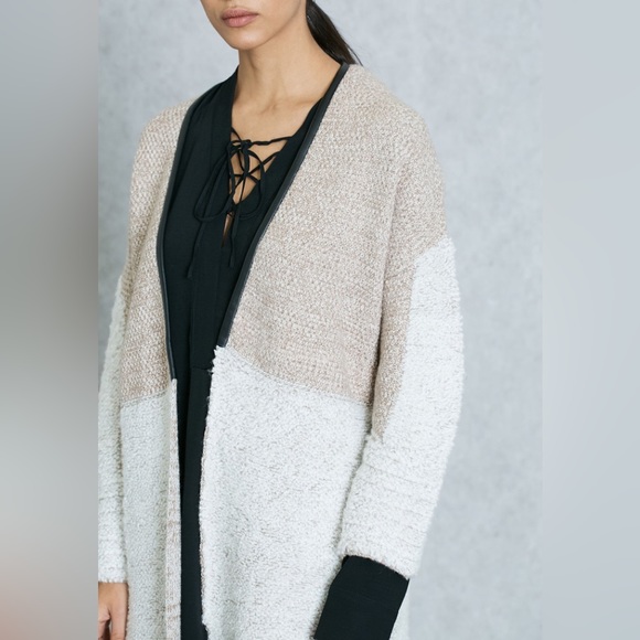 Mango long colorblock oatmeal cardigan with trim - Picture 2 of 7